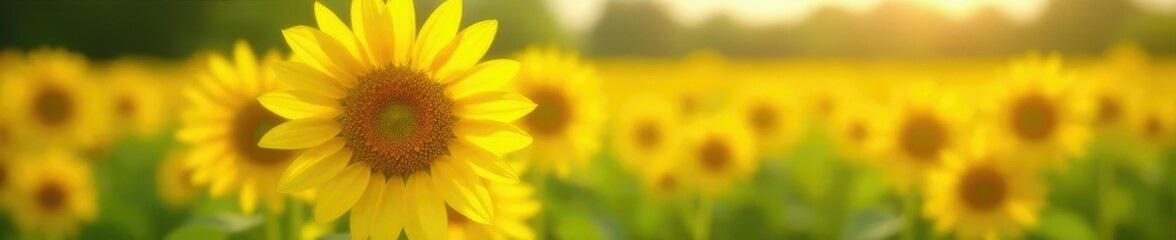 Bright yellow petals of a sunflower in a field with soft focus background, flora, countryside, summer