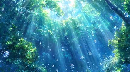 Sunlit Forest Canopy View Showing Green Leaves and Blue Sky with Light Beams and Airy Atmosphere
