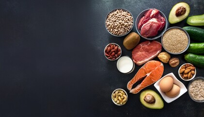 healthy food banner. Sports banner – dark contrasting background, protein foods (eggs, nuts, meat, vegetables), text area at the top