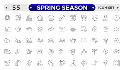 Spring season Equipment Icons Pack. Thin line icons set. Flatiron collection set. Outline planting flowers and seeds, watering can and fertilizers. Spring, agriculture and gardening concept.