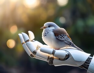 A bird perched on a robotic hand during a serene moment in nature