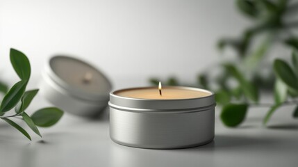 Lit Soy Candle in Silver Tin with Greenery