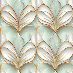Delicate white petals forming symmetric, seamless floral pattern with golden lines on gradient green background