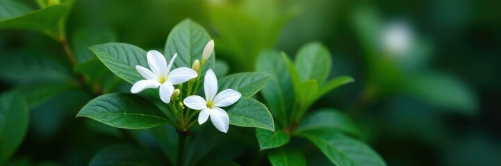 Delicate white star-shaped blooms on dark green leaves, leafy branches,
