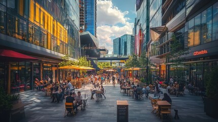 Bustling urban plaza with diners enjoying sunny day