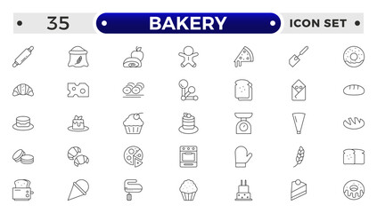 Bakery and dessert outline icon. Contains such Icons as cookie, pudding, oven, kitchen tools, doughnut, bread, macaroon, muffin And Other Elements. customize color, easy resize.