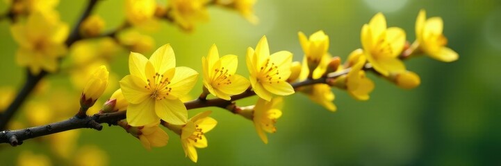 Obraz premium Delicate yellow flowers blooming in a tree branch, petals unfolding like tiny trumpets, flores silvestres, arbusto, tono c?lido