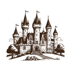 High-quality hand drawn castle illustrtion with intricate details, perfect for artistic and creative projects, retro-style prints, and unique digital assets
