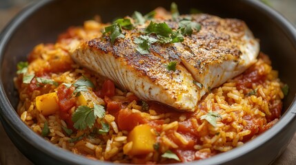 Senegalese thieboudienne, a flavorful fish and rice dish with vegetables and tomato sauce.