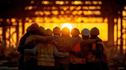 Group of construction workers in safety gear embracing at sunset, showcasing teamwork and camaraderie