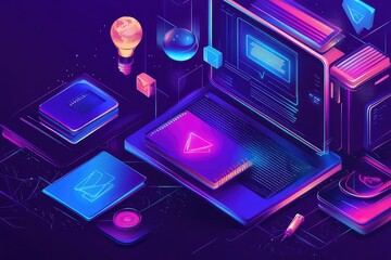 A futuristic back-to-school vector illustration with holographic educational icons, symbolizing online learning and technology.