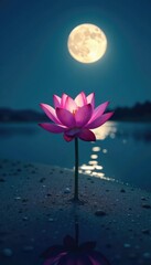 Full moon's soft illumination reveals a blooming lotus in the tranquility of sea sand landscape, tranquil, petal