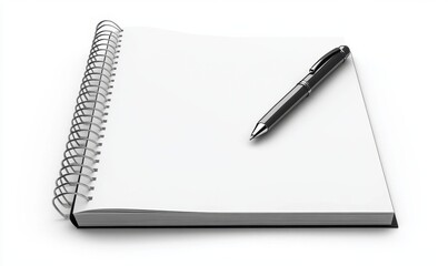 Blank spiral notepad and pen on white for notes, lists, or writing