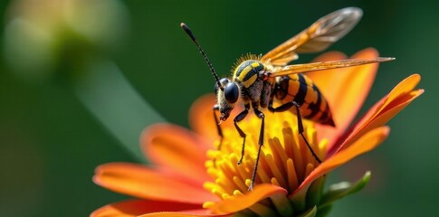 Macro shot of Agapanthia villosoviridescens with flowers and seeds, insect life, fauna,