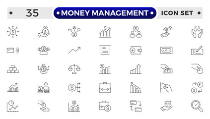 set of money management outline icon. money management, wallet, banking, ATM, piggy bank, investment profit, finance growth chart, money increase, finance icon collections. vector illustration.
