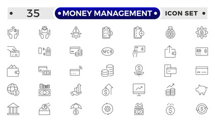 set of money management outline icon. money management, wallet, banking, ATM, piggy bank, investment profit, finance growth chart, money increase, finance icon collections. vector illustration.
