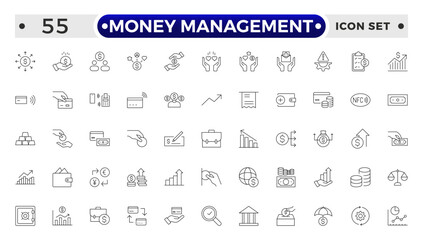 set of money management outline icon. money management, wallet, banking, ATM, piggy bank, investment profit, finance growth chart, money increase, finance icon collections. vector illustration.