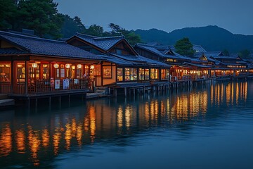 Fototapeta premium Japan riverside town lights at dusk