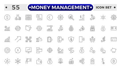 set of money management outline icon. money management, wallet, banking, ATM, piggy bank, investment profit, finance growth chart, money increase, finance icon collections. vector illustration.