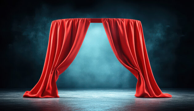 Kid's puppet theater show. A dramatic red curtain reveals a mystical blue light, creating a captivating atmosphere perfect for events or theatrical presentations.