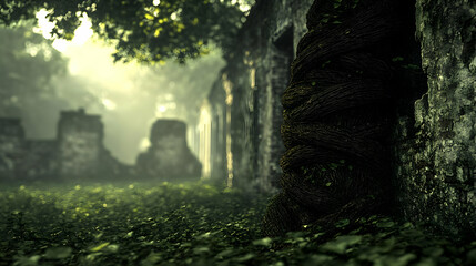 Misty Ruins Of An Ancient Structure In Lush Forest