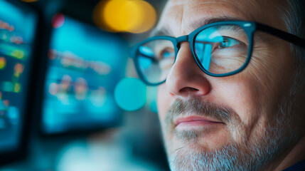 A man in a suit is smiling and looking in computer. Ofiice and bussines athmosphere on background