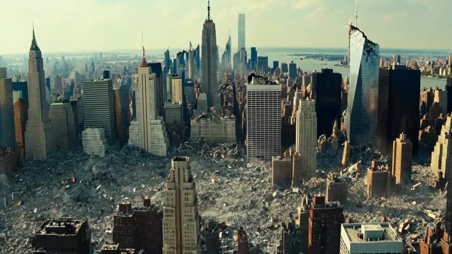 Post-Apocalyptic Cityscape with Ruined Skyscrapers and Urban Destruction Scene