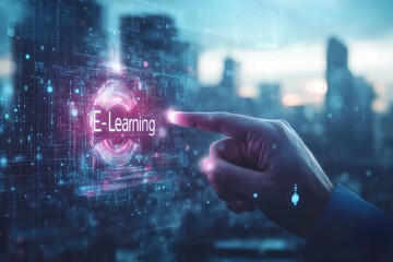 A conceptual image of a businessmanâ€™s finger touching a holographic "E-Learning" symbol, with a cityscape in the background.