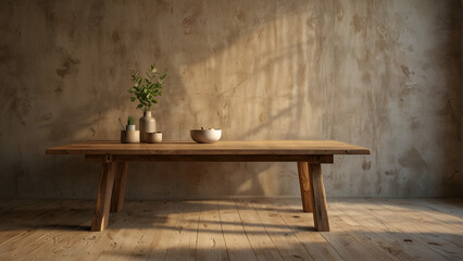 Mockup of a wooden table with window shadow on the wall and stucco background in beige and earthy hues