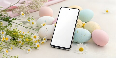 Easter mockup featuring a fluffy bunny next to a smartphone with a blank white screen, surrounded by pastel-colored eggs and a festive background. Ideal for digital holiday designs.