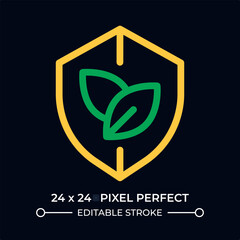 Leaves on shield dark color line ui icon. Ecology protection program. Environmentally friendly activity. Bio security. Vector duotone outline symbol isolated. User interface element, pixel perfect