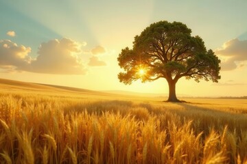Obraz premium Golden Hour Serenity A Majestic Oak Tree Silhouetted Against a Vibrant Sunset Over a Rolling Field of Ripe Wheat