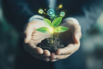A conceptual image of a businessmanâ€™s hands carefully holding a growing plant with holographic eco-investment icons floating around it.