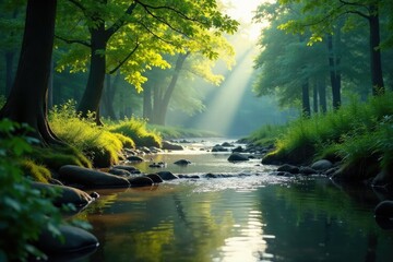 River flowing through a peaceful forest clearing, forest, serene, peaceful