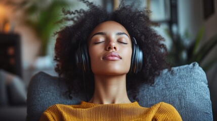 A calm young woman in casual attire, seated on a grey armchair in a sleek living room, listening to music through headphones with closed eyes, showcasing relaxation