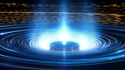 Energy waves pulsing rhythmically from a vibrant quantum core create an awe-inspiring display of light and movement in a digital realm filled with dynamic particles