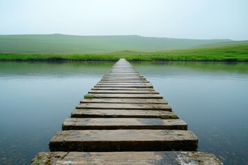 Obraz premium Serene wooden walkway over tranquil water leading to misty green hills under a soft overcast sky offering a peaceful escape