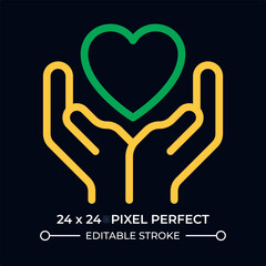 Charity dark color line ui icon. Hands holding heart. Expressing love and care. Kindness feeling visualization. Vector duotone outline symbol isolated. User interface element, pixel perfect