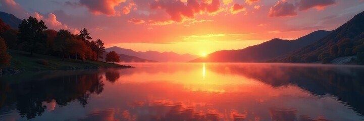 Fototapeta premium Soft orange glow illuminates a serene lake landscape at autumn sunset, sky, landscape,