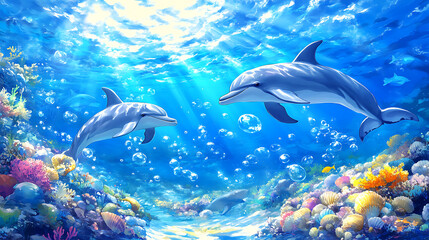 Fototapeta premium Two Dolphins Swim Gracefully Underwater Near Colorful Coral Reefs with Sunlight Rays