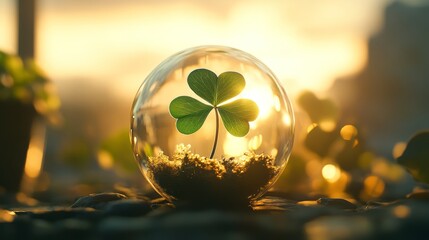 four-leaf clover grassland with sunlight in a quiet atmosphere