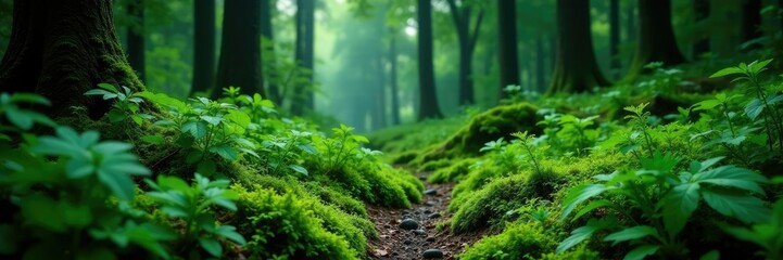 Fototapeta premium underbrush with ferns and moss in a dark green forest, carpet, nature