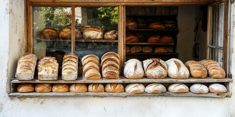 A village bakery with fresh loaves of bread displayed in the window