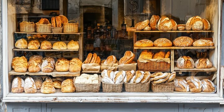 A village bakery with fresh loaves of bread displayed in the window