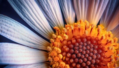 Close-up of a flower&rsquo;s stamen covered in microscopic pollen grains, capturing super high detail, showcasing the delicate texture and intricate structures of nature.