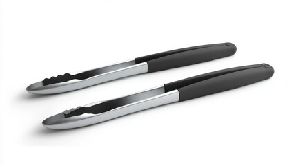 A set of kitchen tongs with silicone tips, angled to show their ergonomic design.