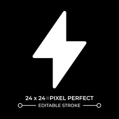 Thunderbolt symbol glyph ui icon isolated on black. Electric tension danger marking. Power generation technology. Lightning sign. Vector solid symbol dark mode. User interface element, pixel perfect