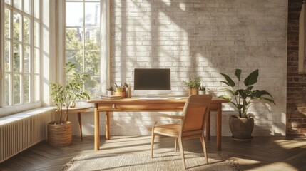 Fototapeta premium Bright Sunlit Home Office with Wooden Desk and Plants