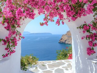 Fototapeta premium A whitewashed archway with pink flowers overlooks the Aegean Sea