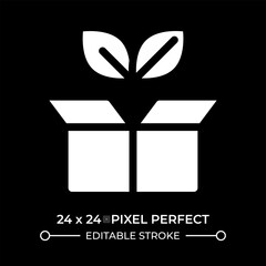 Unpacking sprout glyph ui icon isolated on black. Young seedling on cardboard box. Plants delivering service. Gardening. Vector solid symbol dark mode. User interface element, pixel perfect